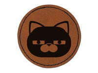 Round Cat Face Doubtful Round Iron-On Engraved Faux Leather Patch Applique - 2.5"