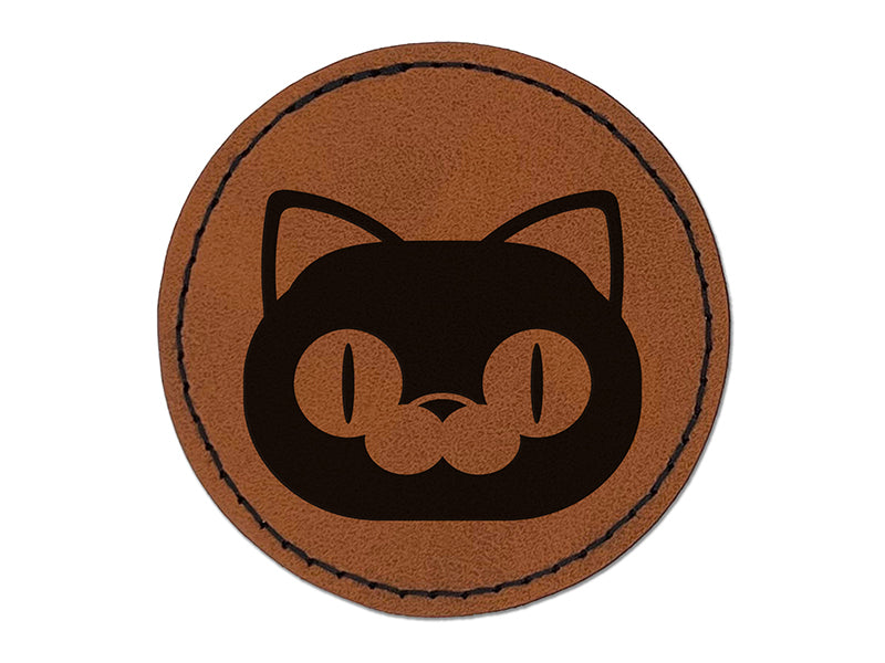 Round Cat Face Excited Round Iron-On Engraved Faux Leather Patch Applique - 2.5"