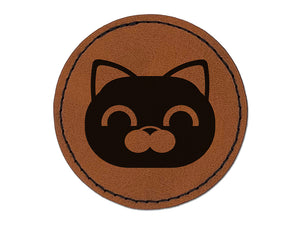 Round Cat Face Happy Round Iron-On Engraved Faux Leather Patch Applique - 2.5"