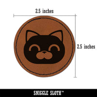 Round Cat Face Happy Round Iron-On Engraved Faux Leather Patch Applique - 2.5"