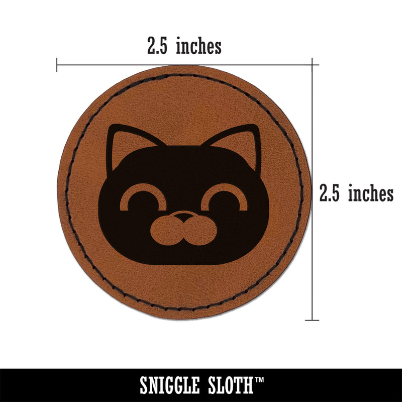 Round Cat Face Happy Round Iron-On Engraved Faux Leather Patch Applique - 2.5"