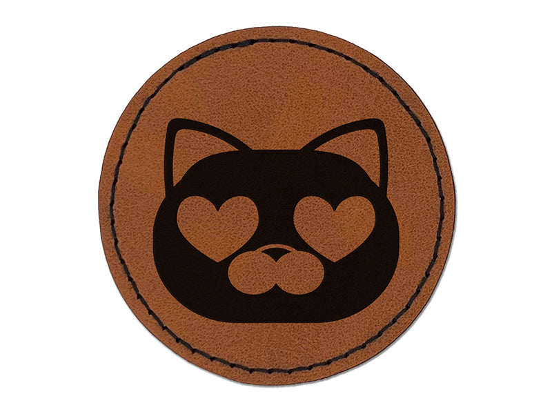 Round Cat Face Love Heart Eyes Round Iron-On Engraved Faux Leather Patch Applique - 2.5"