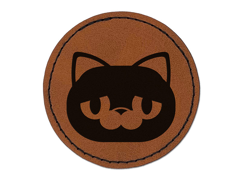 Round Cat Face Sad Round Iron-On Engraved Faux Leather Patch Applique - 2.5"