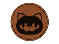 Round Cat Face Sad Round Iron-On Engraved Faux Leather Patch Applique - 2.5"
