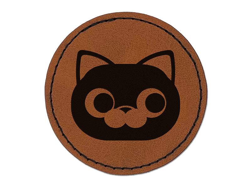 Round Cat Face Side Eye Round Iron-On Engraved Faux Leather Patch Applique - 2.5"