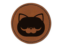 Round Cat Face Sleepy Round Iron-On Engraved Faux Leather Patch Applique - 2.5"