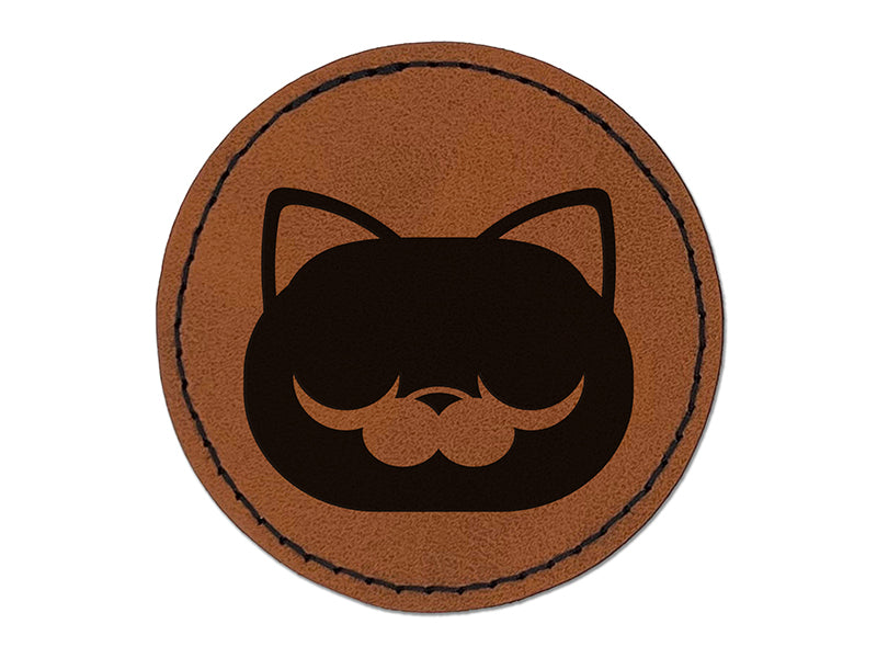 Round Cat Face Sleepy Round Iron-On Engraved Faux Leather Patch Applique - 2.5"