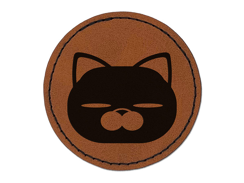 Round Cat Face Tired Round Iron-On Engraved Faux Leather Patch Applique - 2.5"