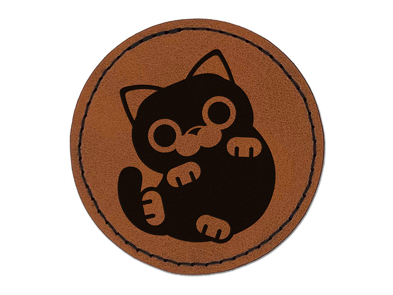 Round Cat Playful Round Iron-On Engraved Faux Leather Patch Applique - 2.5"