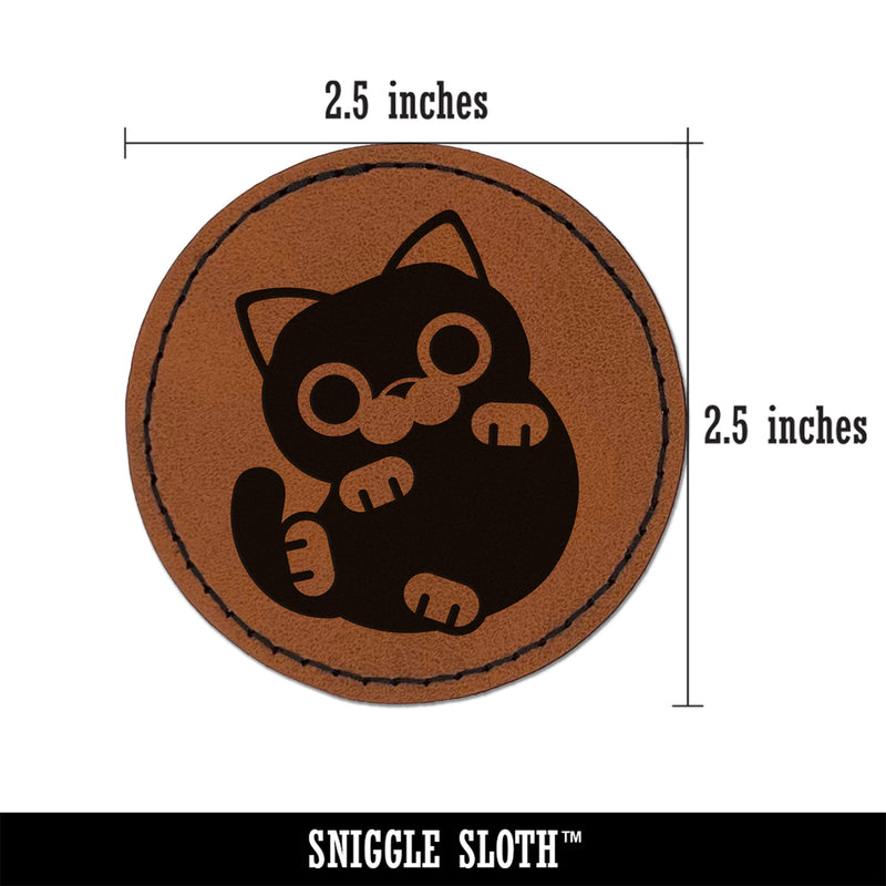 Round Cat Playful Round Iron-On Engraved Faux Leather Patch Applique - 2.5"