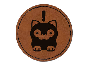 Round Cat Shocked Round Iron-On Engraved Faux Leather Patch Applique - 2.5"