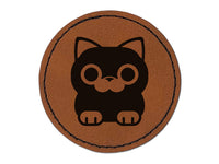 Round Cat Sitting Round Iron-On Engraved Faux Leather Patch Applique - 2.5"