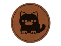 Round Cat Skeptical Round Iron-On Engraved Faux Leather Patch Applique - 2.5"