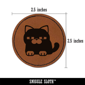Round Cat Skeptical Round Iron-On Engraved Faux Leather Patch Applique - 2.5"