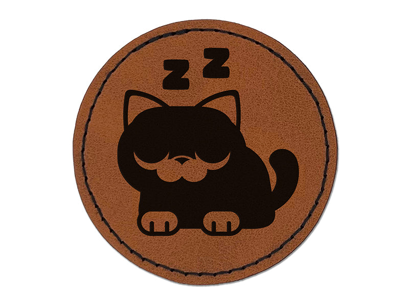 Round Cat Sleeping Round Iron-On Engraved Faux Leather Patch Applique - 2.5"