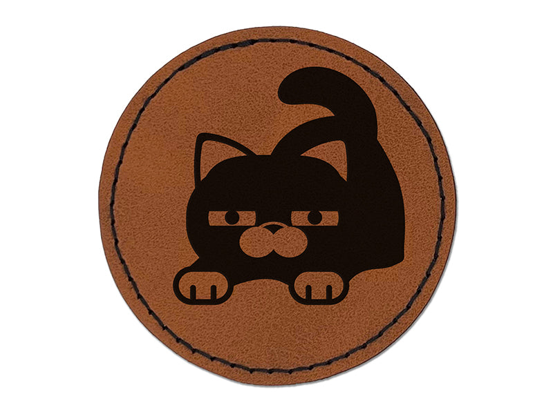 Round Cat Stretching Round Iron-On Engraved Faux Leather Patch Applique - 2.5"