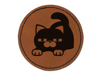 Round Cat Stretching Round Iron-On Engraved Faux Leather Patch Applique - 2.5"