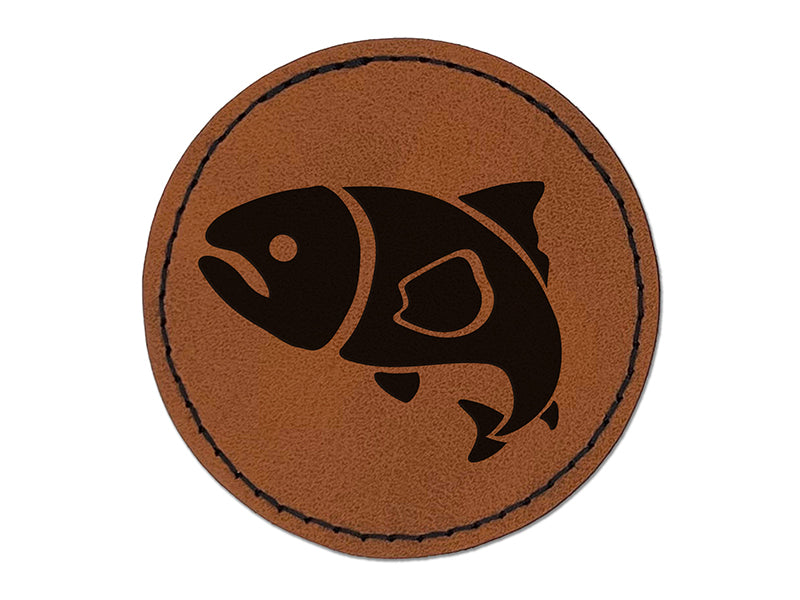Salmon Fish Round Iron-On Engraved Faux Leather Patch Applique - 2.5"