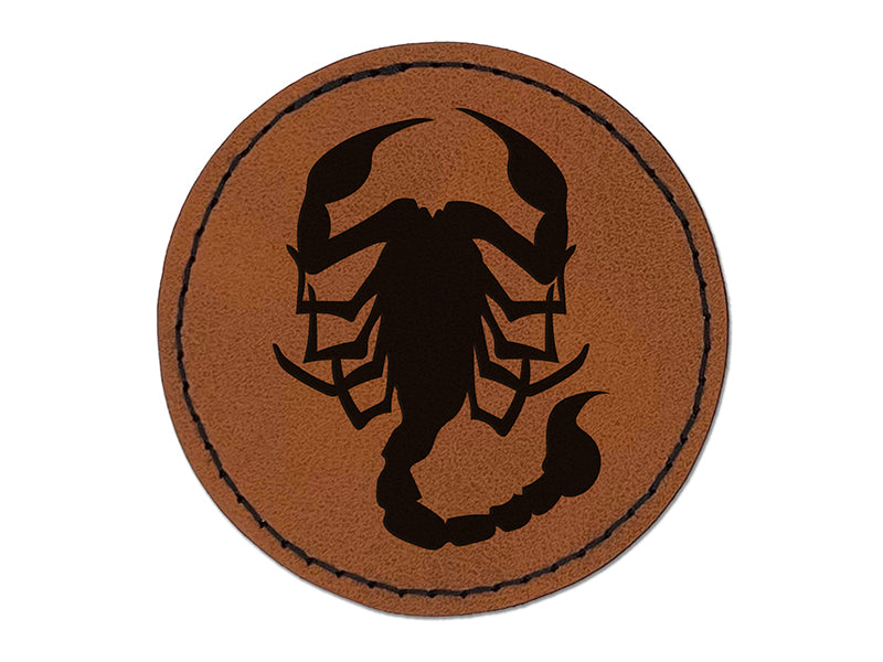 Scorpion Silhouette Round Iron-On Engraved Faux Leather Patch Applique - 2.5"