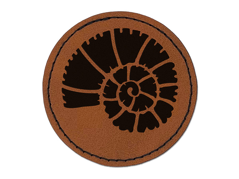 Spiral Ammonite Fossil Marine Mollusk Round Iron-On Engraved Faux Leather Patch Applique - 2.5"