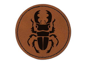 Stag Beetle Round Iron-On Engraved Faux Leather Patch Applique - 2.5"