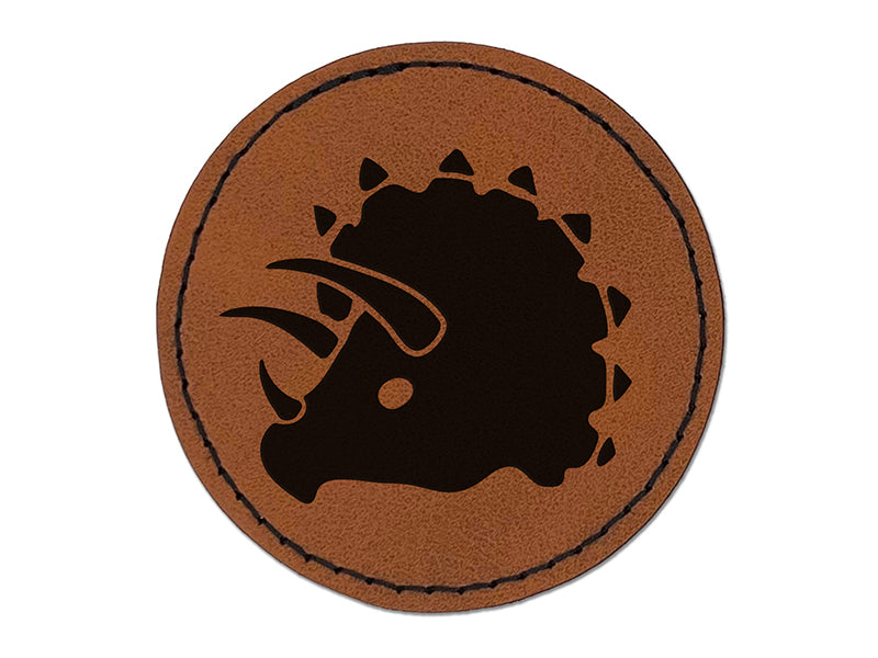 Triceratops Head Round Iron-On Engraved Faux Leather Patch Applique - 2.5"