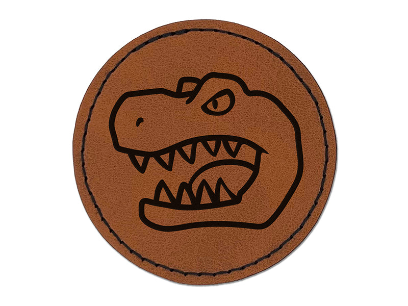 Tyrannosaurus Rex Head Round Iron-On Engraved Faux Leather Patch Applique - 2.5"