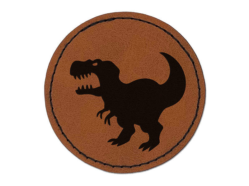 Tyrannosaurus Rex Silhouette Round Iron-On Engraved Faux Leather Patch Applique - 2.5"
