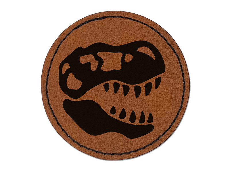 Tyrannosaurus Rex Skull Fossil Round Iron-On Engraved Faux Leather Patch Applique - 2.5"