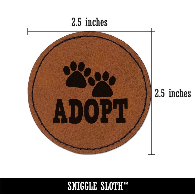 Adopt Cat Dog Paw Print Round Iron-On Engraved Faux Leather Patch Applique - 2.5"