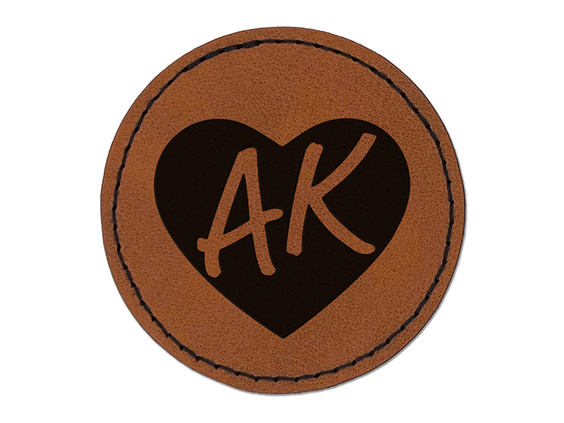 AK Alaska State in Heart Round Iron-On Engraved Faux Leather Patch Applique - 2.5"