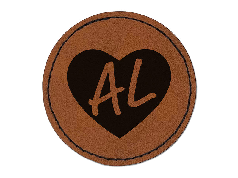 AL Alabama State in Heart Round Iron-On Engraved Faux Leather Patch Applique - 2.5"