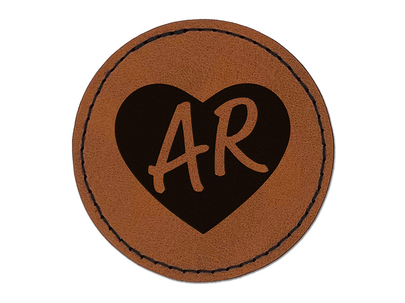 AR Arkansas State in Heart Round Iron-On Engraved Faux Leather Patch Applique - 2.5"