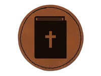 Bible Christian Cross Icon Round Iron-On Engraved Faux Leather Patch Applique - 2.5"