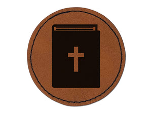 Bible Christian Cross Icon Round Iron-On Engraved Faux Leather Patch Applique - 2.5"