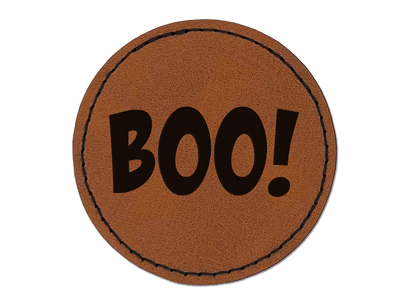 Boo Halloween Fun Text Round Iron-On Engraved Faux Leather Patch Applique - 2.5"