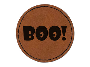 Boo with Eyes Halloween Fun Text Round Iron-On Engraved Faux Leather Patch Applique - 2.5"