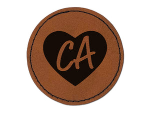 CA California State in Heart Round Iron-On Engraved Faux Leather Patch Applique - 2.5"