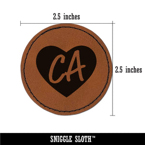 CA California State in Heart Round Iron-On Engraved Faux Leather Patch Applique - 2.5"