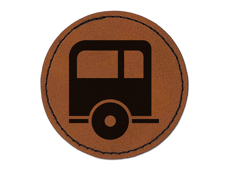 Camper Trailer Camping Icon Round Iron-On Engraved Faux Leather Patch Applique - 2.5"