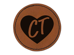 CT Connecticut State in Heart Round Iron-On Engraved Faux Leather Patch Applique - 2.5"