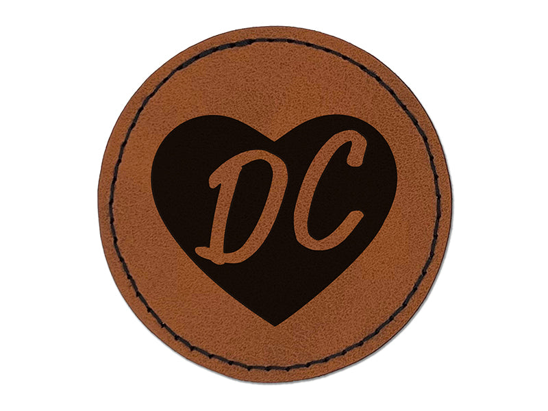 DC District of Columbia in Heart Round Iron-On Engraved Faux Leather Patch Applique - 2.5"