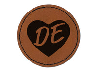 DE Delaware State in Heart Round Iron-On Engraved Faux Leather Patch Applique - 2.5"