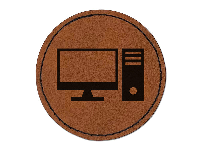 Desktop Computer Icon Round Iron-On Engraved Faux Leather Patch Applique - 2.5"
