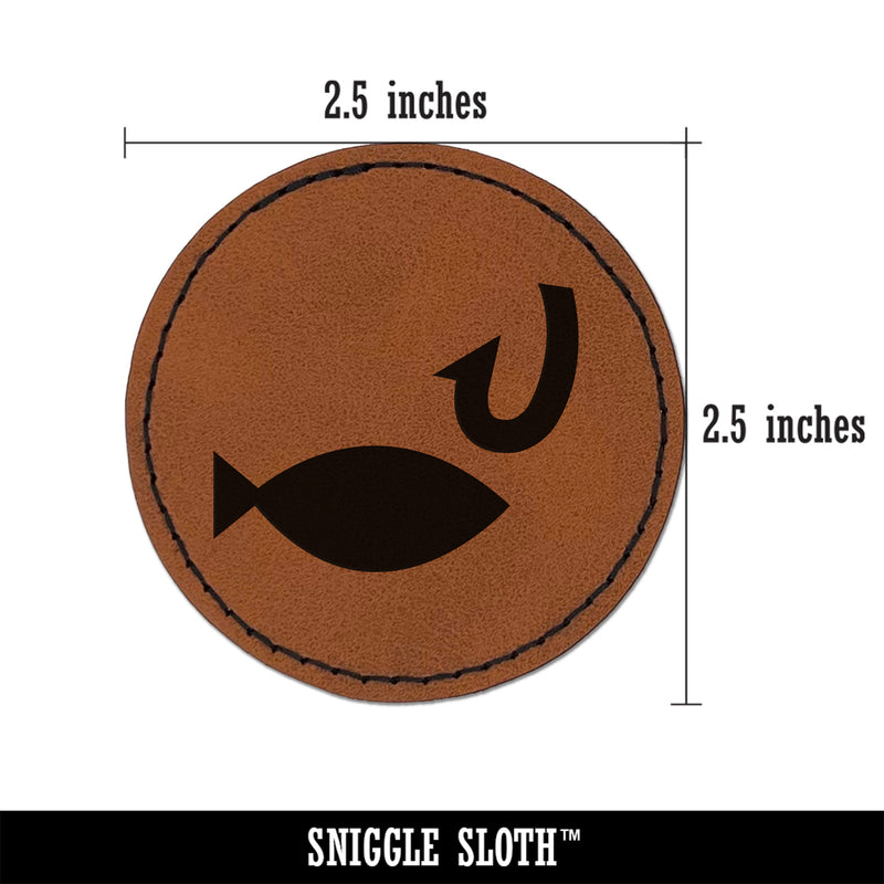Fish and Hook Fishing Round Iron-On Engraved Faux Leather Patch Applique - 2.5"