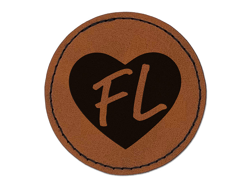 FL Florida State in Heart Round Iron-On Engraved Faux Leather Patch Applique - 2.5"