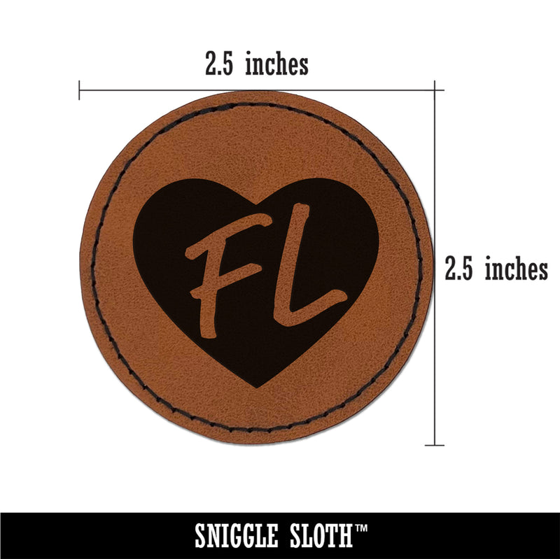 FL Florida State in Heart Round Iron-On Engraved Faux Leather Patch Applique - 2.5"