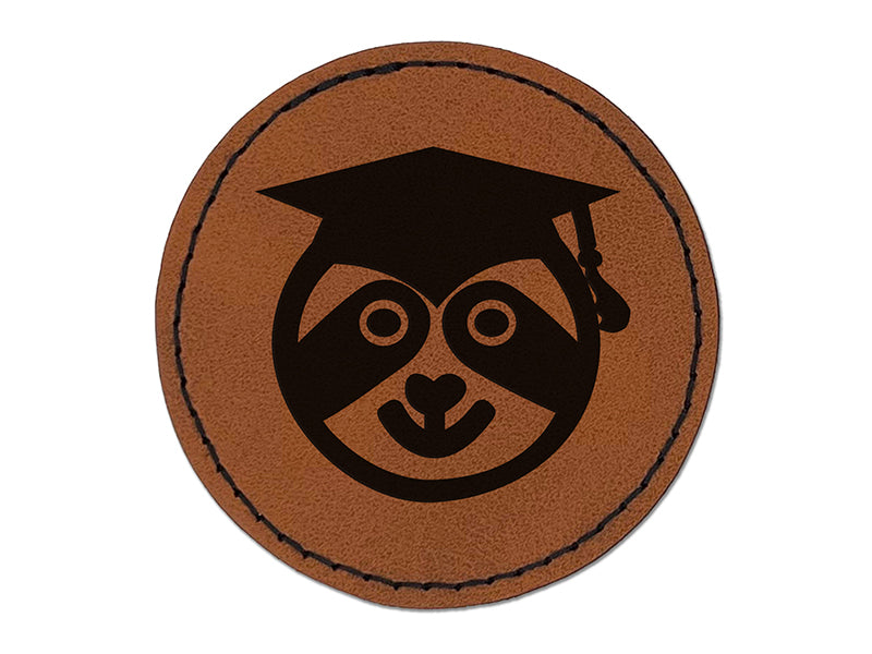 Graduation Sloth Round Iron-On Engraved Faux Leather Patch Applique - 2.5"