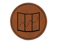 Hiking Trail Travel Map Icon Round Iron-On Engraved Faux Leather Patch Applique - 2.5"