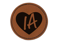 IA Iowa State in Heart Round Iron-On Engraved Faux Leather Patch Applique - 2.5"